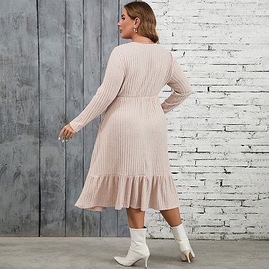 Women's Plus Size Ribbed Knit Sweater Dress Mid-Long Round Neck Side Pockets
