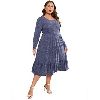 Women's Plus Size Ribbed Knit Sweater Dress Mid-Long Round Neck Side Pockets