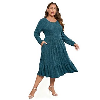Women's Plus Size Ribbed Knit Sweater Dress Mid-Long Round Neck Side Pockets
