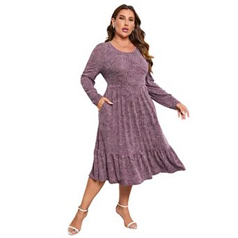 Women's Plus Size Ribbed Knit Sweater Dress Mid-Long Round Neck Side Pockets