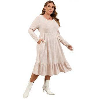 Women's Plus Size Ribbed Knit Sweater Dress Mid-Long Round Neck Side Pockets