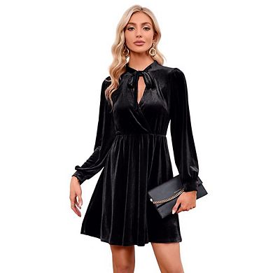 Womens Velvet Bow Tie Neck Long Sleeve High Waist Casual Loose Swing Ruffle A-line Mini Dresses