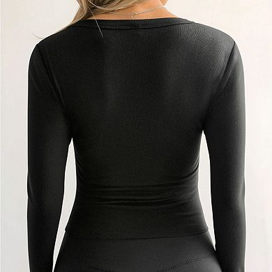 Women's Fashion Solid Color Long Sleeve V - Neck Ribbed T - Shirt, Slim Fit Pullover Basic Top