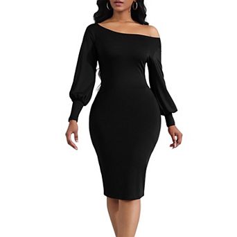 Women's Off Shoulder Long Sleeve Bodycon Midi Dress Casual Evening Cocktail Party Dress