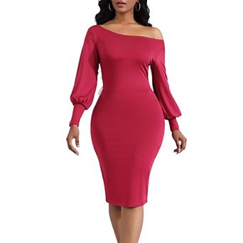 Women's Off Shoulder Puff Sleeve Bodycon Midi Dress Casual Party Evening Dress