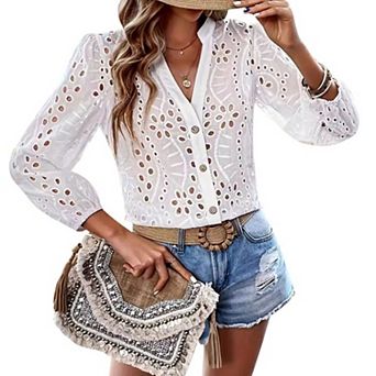 Women's V-Neck Long Sleeve Eyelet Shirt Elegance Casual Top