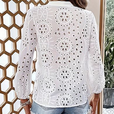 Women's V-Neck Long Sleeve Eyelet Shirt Elegance Casual Top