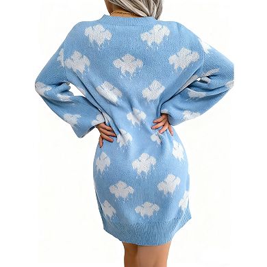 Women's V-Neck Color Block Cloud Print Lantern Sleeve Knee-Length Knit Sweater Dress
