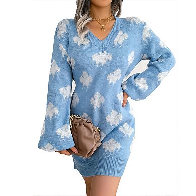 Women's V-Neck Color Block Cloud Print Lantern Sleeve Knee-Length Knit Sweater Dress