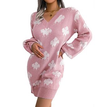 Women's V-Neck Color Block Cloud Print Lantern Sleeve Knee-Length Knit Sweater Dress