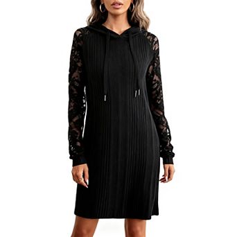 Women's Knee-Length Casual Dress with Lace Raglan Sleeves and Hooded Drawstring Design