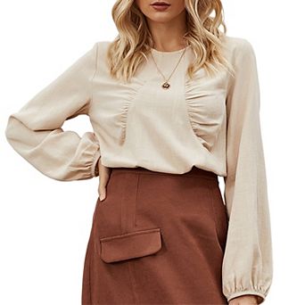 Women's Ruched Front Blouse Long Sleeve Round Neck Casual Office Top