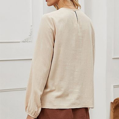 Women's Ruched Front Blouse Long Sleeve Round Neck Casual Office Top