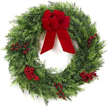 Natural Cypress Christmas Wreath with Bow, Holiday Decor for Entryway & Front Porch
