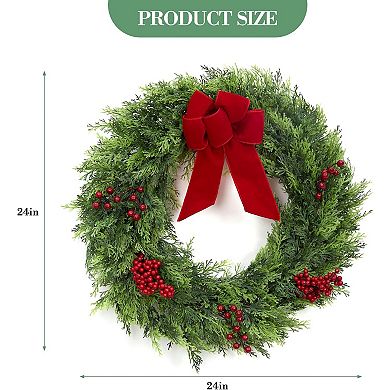 Natural Cypress Christmas Wreath with Bow, Holiday Decor for Entryway & Front Porch