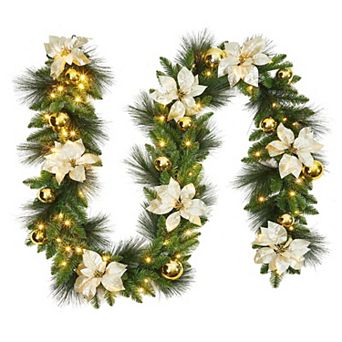 Fancihabor 9-ft Christmas Garland Pre-Lit Gold with 70 LED Pine Cones Balls for Indoor Decor