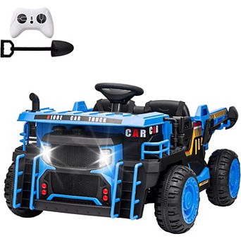24V Remote Control Kids Dump Truck, 2-Seater Electric Car w/Dump Bed & Shovel, LED Lights