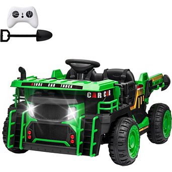 24V Remote Control Kids Dump Truck, 2-Seater Electric Car w/Dump Bed & Shovel, LED Lights