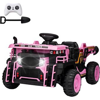 24V Remote Control Kids Dump Truck, 2-Seater Electric Car w/Dump Bed & Shovel, LED Lights