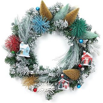 Christmas Wreath with Mini House & Pinecones, Whimsical Indoor Outdoor Holiday Decor