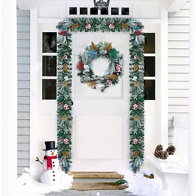 Christmas Wreath with Mini House & Pinecones, Whimsical Indoor Outdoor Holiday Decor