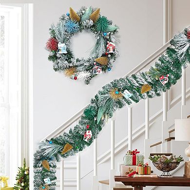 Christmas Wreath with Mini House & Pinecones, Whimsical Indoor Outdoor Holiday Decor