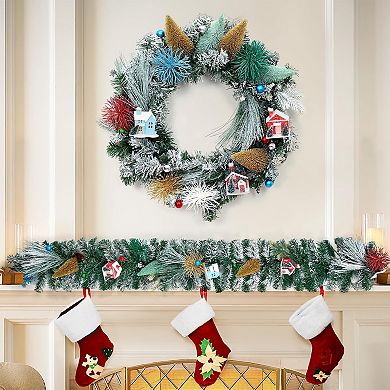 Christmas Wreath with Mini House & Pinecones, Whimsical Indoor Outdoor Holiday Decor