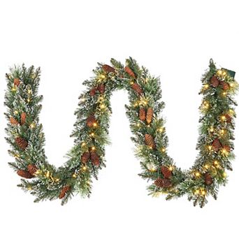 Fancihabor 9-ft Christmas Garland Battery Operated Green with LED Pine Cones Berries