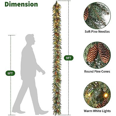 Fancihabor 9-ft Christmas Garland Battery Operated Green with LED Pine Cones Berries