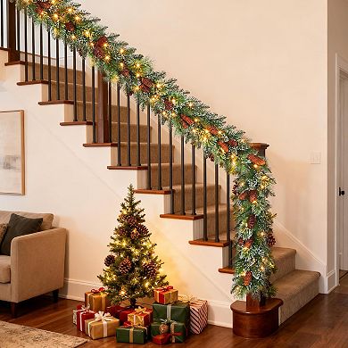 Fancihabor 9-ft Christmas Garland Battery Operated Green with LED Pine Cones Berries