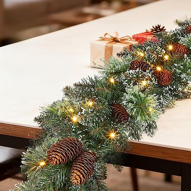 Fancihabor 9-ft Christmas Garland Battery Operated Green with LED Pine Cones Berries