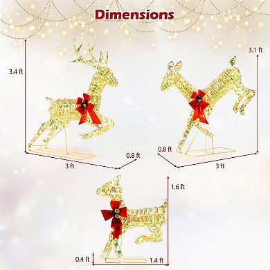 Gymax Christmas Lighted Reindeer w/ LED Lights & Red Bows Stakes