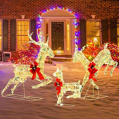 Gymax Christmas Lighted Reindeer w/ LED Lights & Red Bows Stakes
