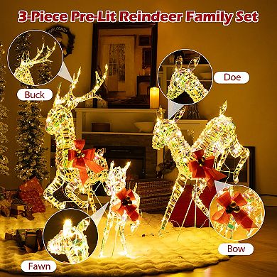 Gymax Christmas Lighted Reindeer w/ LED Lights & Red Bows Stakes