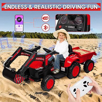 12V 3-in-1 Kids Ride-On Excavator & Tractor with Remote Control, Trailer & LED Lights