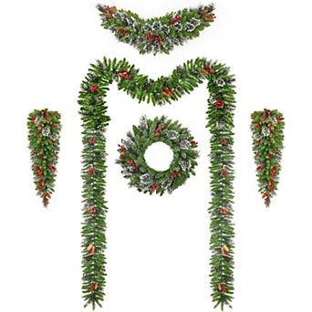 Fancihabor Green Christmas Wreath Garland Set Multi Size Pre-Lit LED for Indoor Outdoor Decor