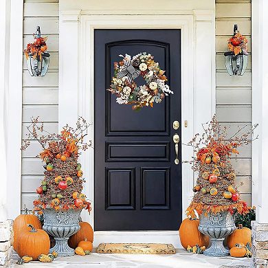 Pumpkin Fall Wreath with Bow & Pine Cones, Autumn Thanksgiving Decor for Front Door and Wall