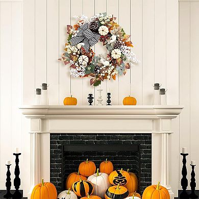 Pumpkin Fall Wreath with Bow & Pine Cones, Autumn Thanksgiving Decor for Front Door and Wall