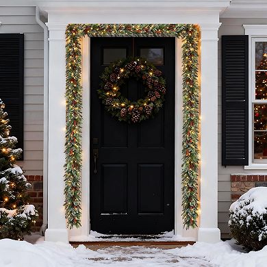 Outdoor Pre-Lit Christmas Wreath with Pine Cones, Artificial Winter Decor for Front Door & Porch