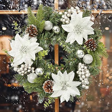 Christmas Wreath with Poinsettia Flowers & Pine Cones, Mini Holiday Decor for Door & Wall