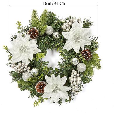 Christmas Wreath with Poinsettia Flowers & Pine Cones, Mini Holiday Decor for Door & Wall