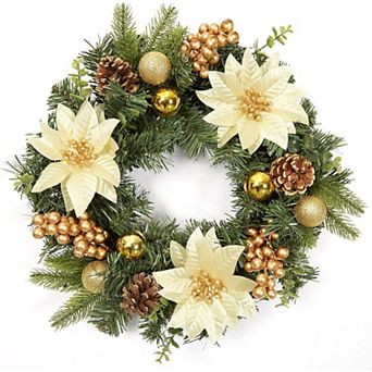 Christmas Wreath with Poinsettia Flowers & Pine Cones, Mini Holiday Decor for Door & Wall