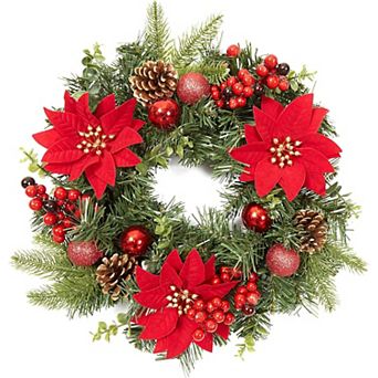 Christmas Wreath with Poinsettia Flowers & Pine Cones, Mini Holiday Decor for Door & Wall