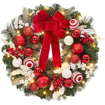Fancihabor 24 in Christmas Wreath Pre-Lit Red with Balls Bow Berries for Fireplace Window Wall