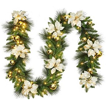 Fluffy Pre-Lit Christmas Garland, Warm LED Lights with Pinecones for Staircase & Mantle Decor