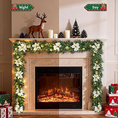 Fluffy Pre-Lit Christmas Garland, Warm LED Lights with Pinecones for Staircase & Mantle Decor