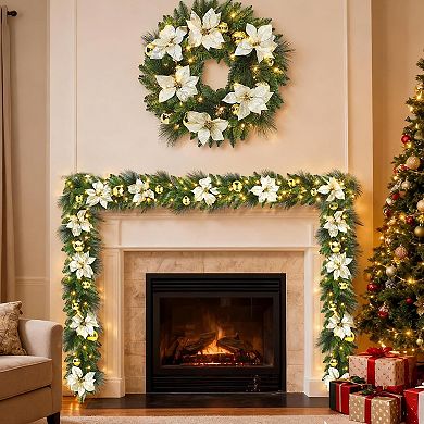 Fluffy Pre-Lit Christmas Garland, Warm LED Lights with Pinecones for Staircase & Mantle Decor