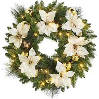 Pre-Lit Christmas Wreath with Poinsettia Flowers, LED Lights & Balls for Front Door Holiday Decor