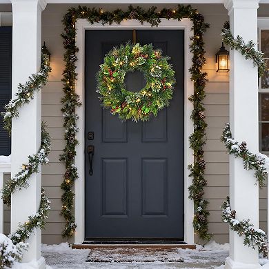 Pre-Lit Christmas Wreath with Frosted Berries & Pinecones, Battery LED on Realistic Greenery