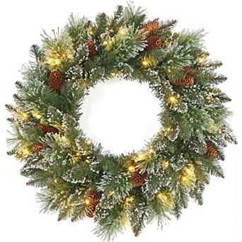 Pre-Lit Christmas Wreath with 50 Warm LEDs, Frosted Pine, Cones & Berries for Indoor/Outdoor